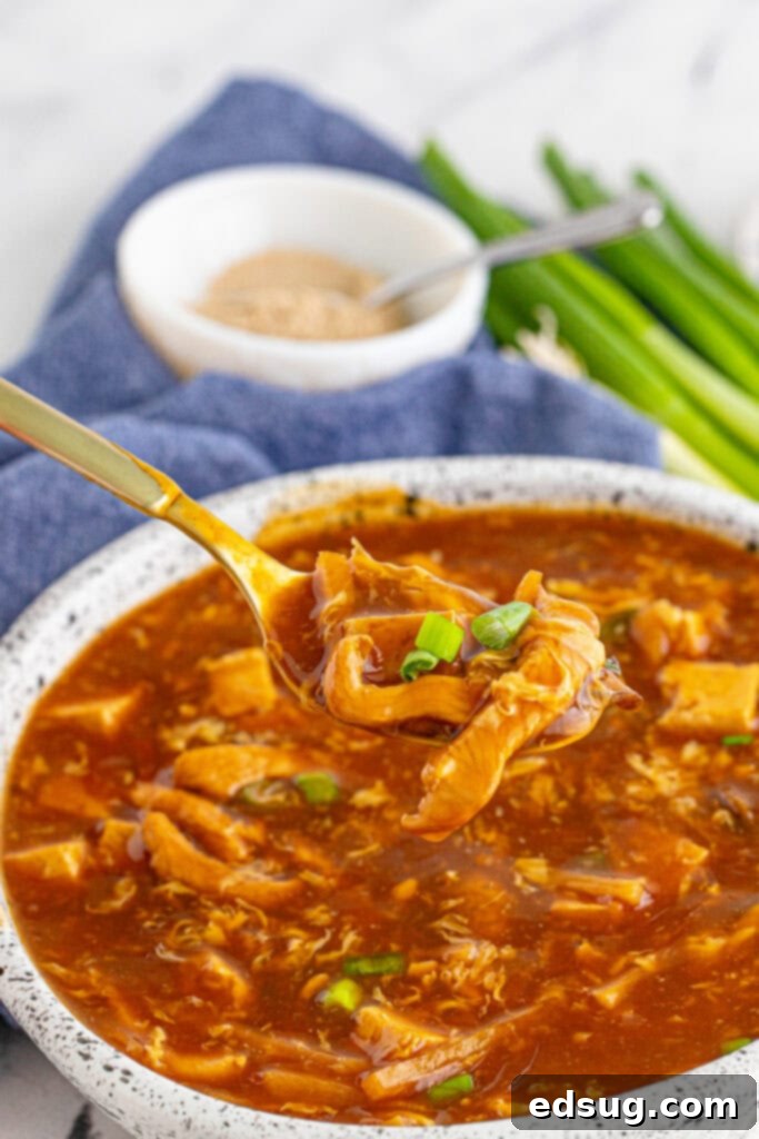 A close-up of a spoonful of hot and sour soup, highlighting the rich broth and various ingredients.