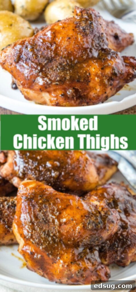 close up smoked chicken thighs on a white plate