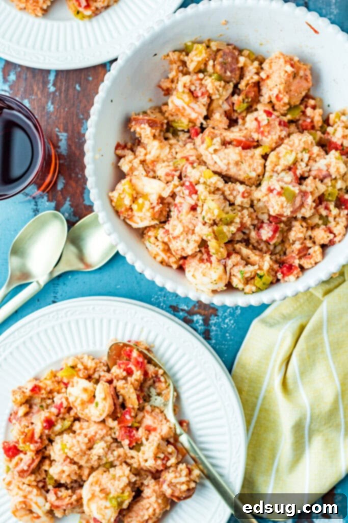 Effortless Slow Cooker Jambalaya 5 A close-up view looking down at a plate filled with freshly cooked slow cooker Jambalaya, ready to be enjoyed.