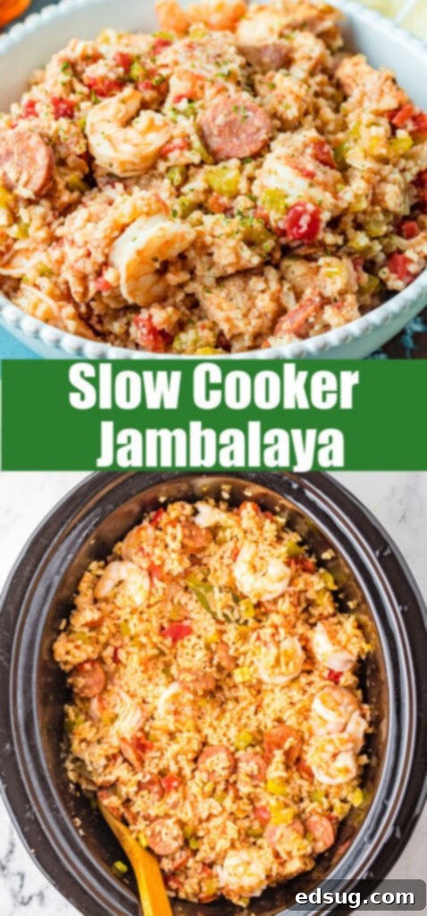 Effortless Slow Cooker Jambalaya 7 A close-up of a rustic bowl of slow cooker Jambalaya, highlighting the textures of rice, chicken, sausage, and shrimp.