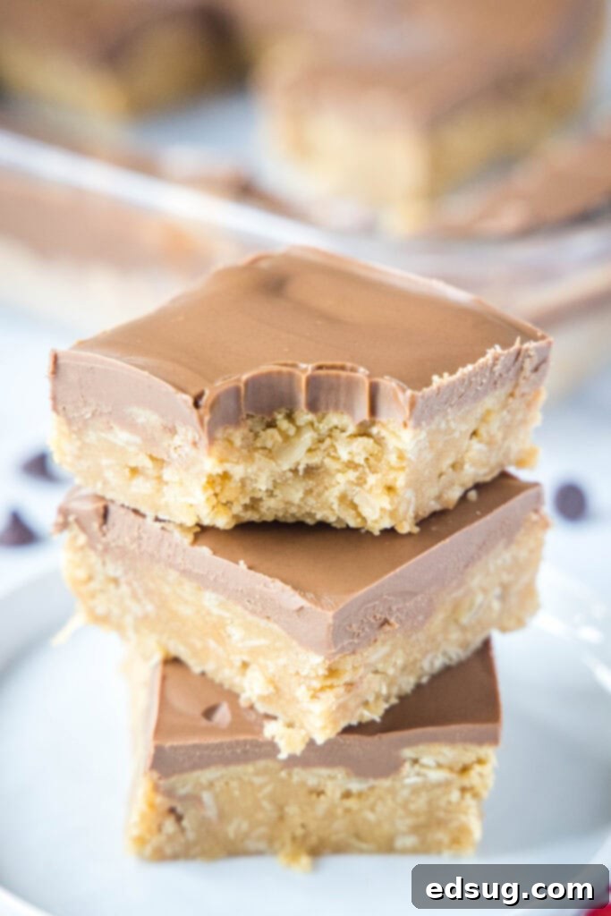 Chewy Peanut Butter Oat Treats 2 stack of peanut butter bars with a bite taken out of the top one