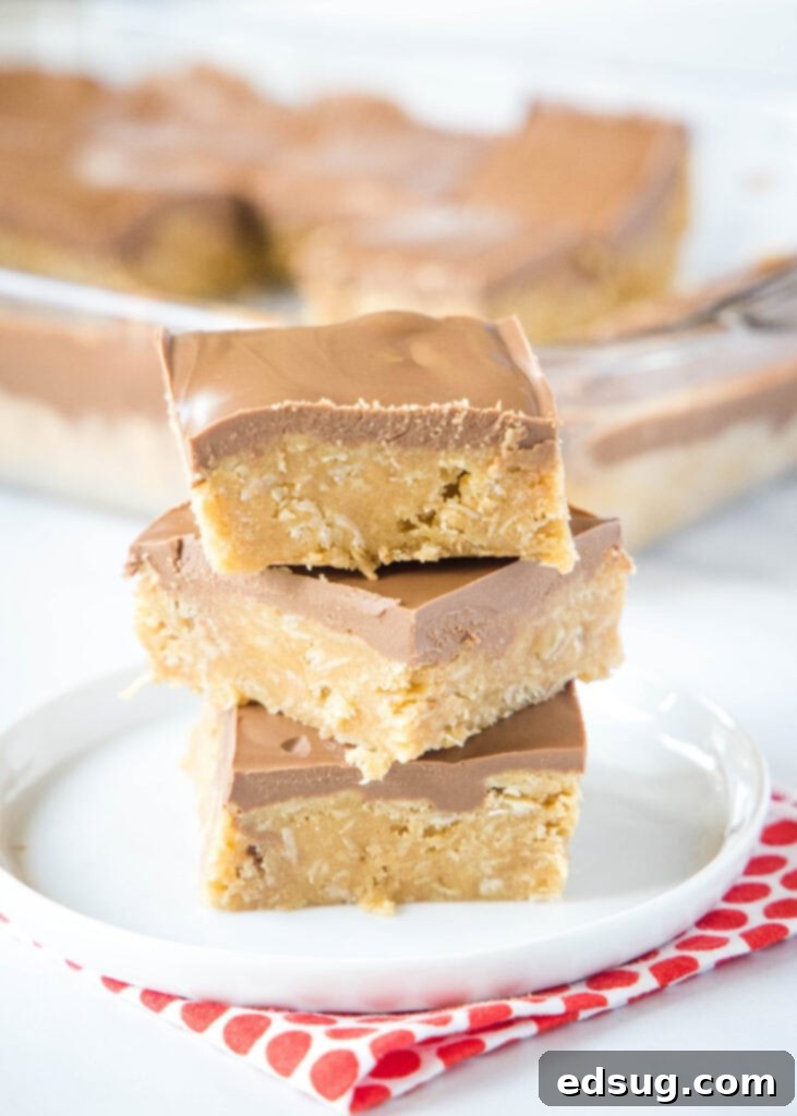 Chewy Peanut Butter Oat Treats 6 stack of peanut butter oatmeal bars on white plate