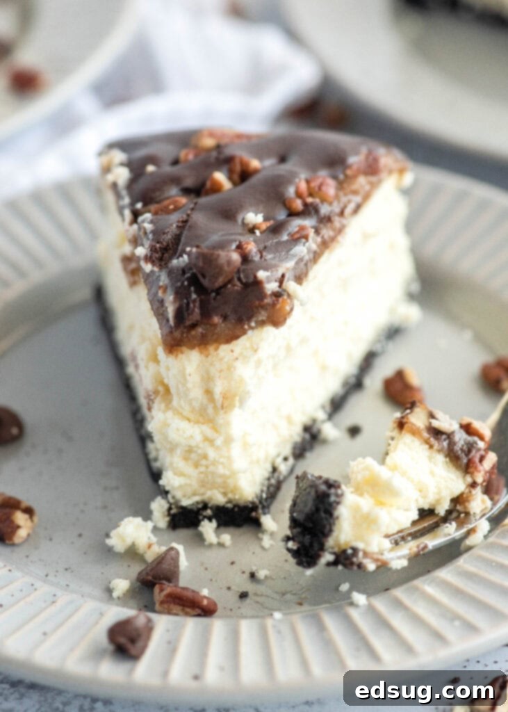 a slice of turtle cheesecake with a slice on a fork