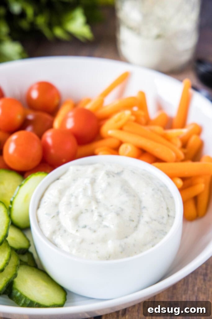 homemade ranch dressing in a bowl with vegetables