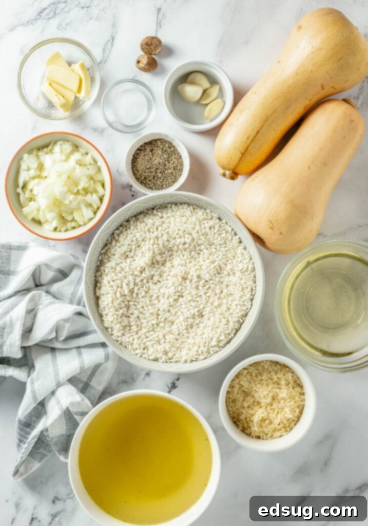 Velvety Butternut Squash Risotto 3 Arrangement of fresh ingredients for making butternut squash risotto, including diced squash, Arborio rice, and herbs.