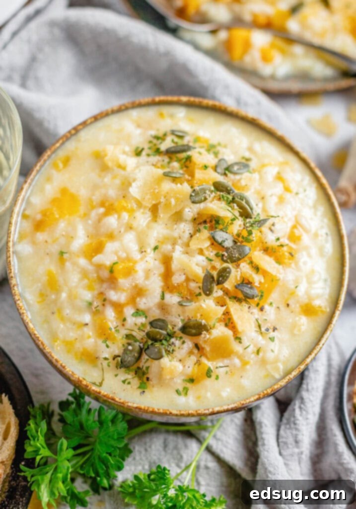 Velvety Butternut Squash Risotto 5 A beautifully plated bowl of butternut squash risotto, garnished with fresh herbs and pumpkin seeds.