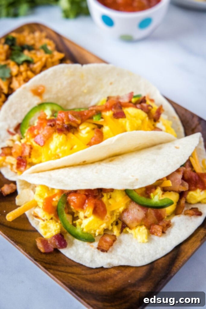 Morning Fiesta Tacos 5 breakfast tacos on a plate