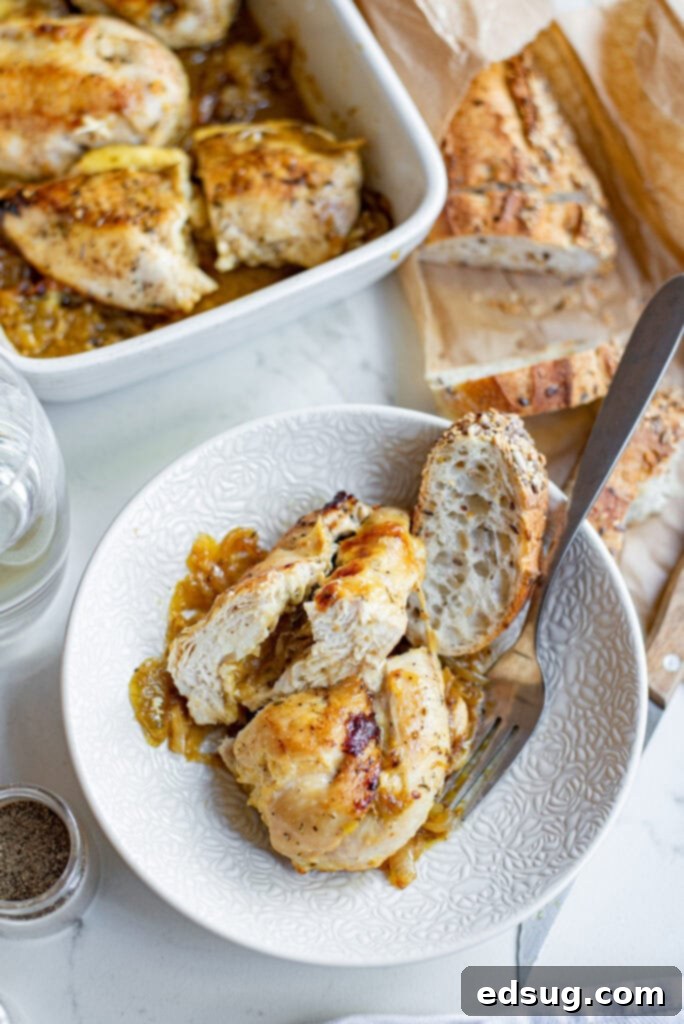 Creamy French Onion Chicken 6 sliced piece of chicken in a white bowl