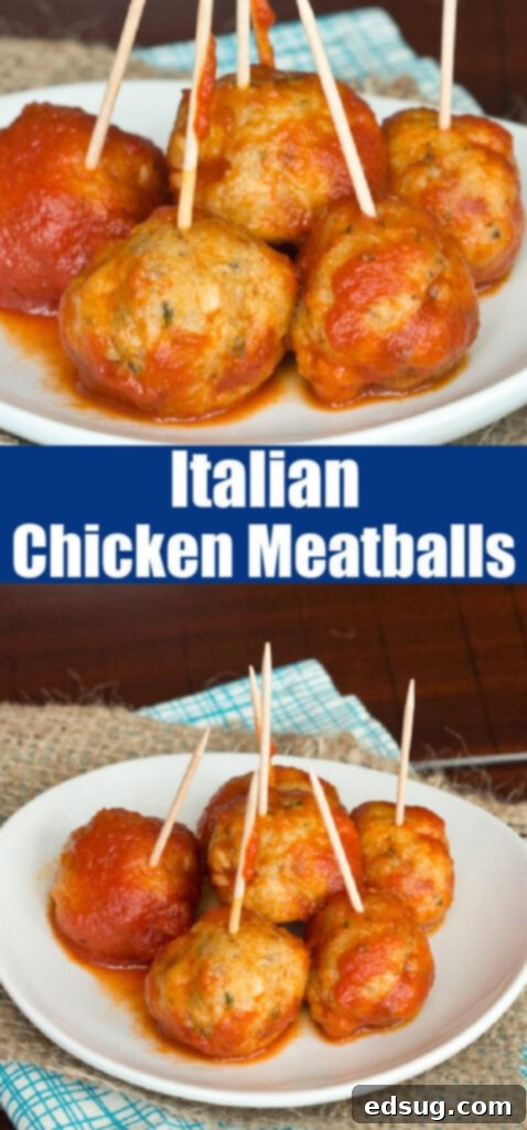 Mouthwatering Italian Chicken Meatballs 2 close up meatballs in red sauce on a white plate