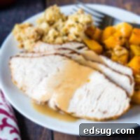 close up sliced turkey with gravy on a plate