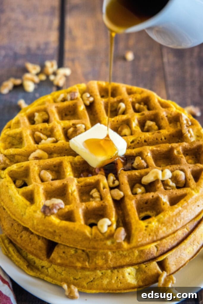 Spiced Pumpkin Waffles 2 Maple syrup being poured over a stack of golden brown pumpkin waffles, garnished with a few chopped walnuts.
