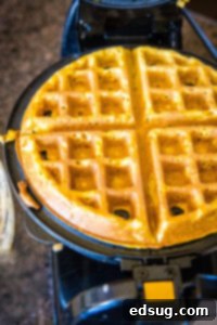 Spiced Pumpkin Waffles 10 Pumpkin waffle batter cooking in a hot waffle iron, turning golden brown and steaming.