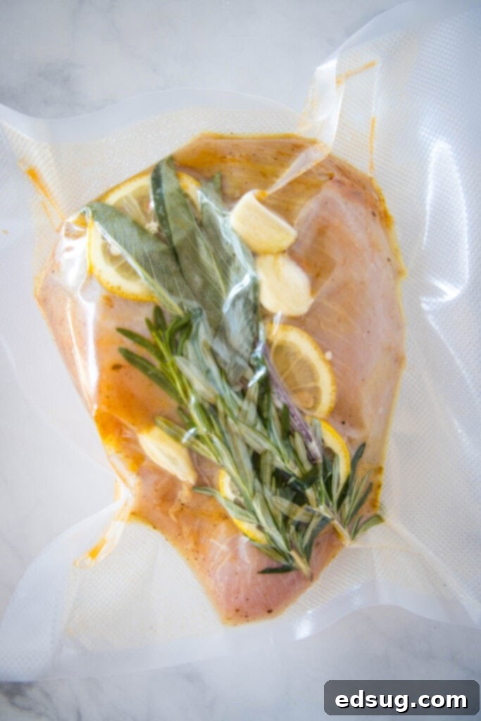 Juicy Sous Vide Turkey Perfection 3 turkey in vaccum sealed bag with herbs, lemon slices and garlic