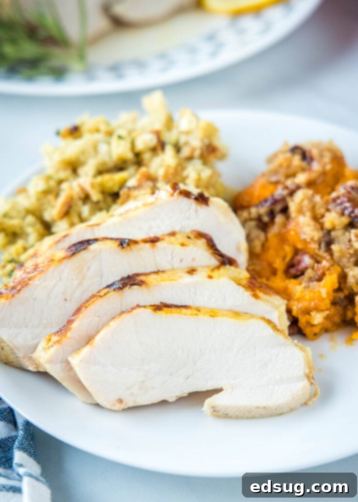 Juicy Sous Vide Turkey Perfection 6 sliced turkey on a white plate with stuffing and sweet potatoes