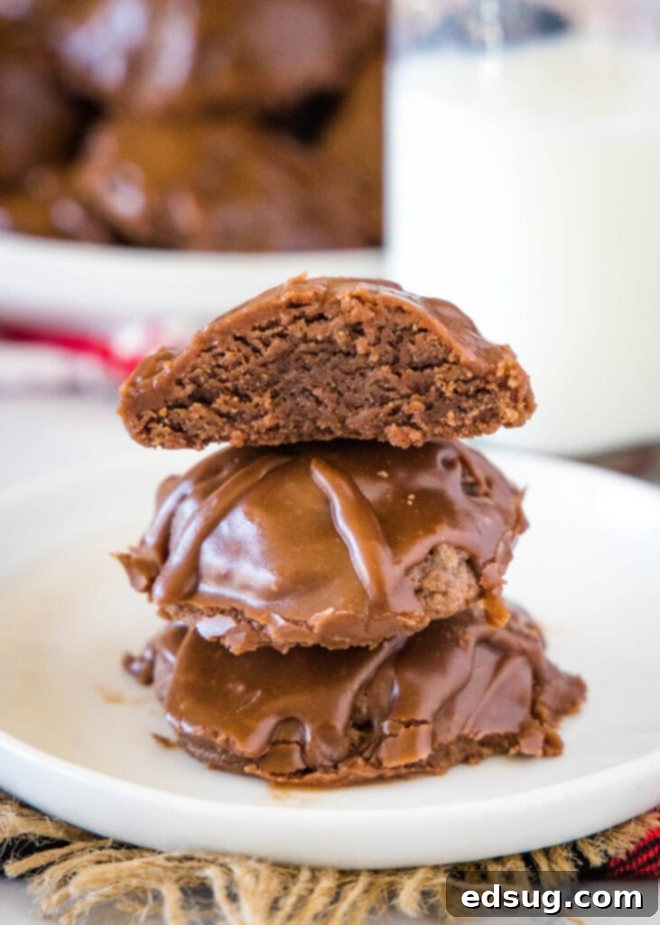 Mini Texas Sheet Cakes 2 Stacked fudgy Texas Sheet Cake Cookies, with one cookie cut in half to show its soft, chewy center.