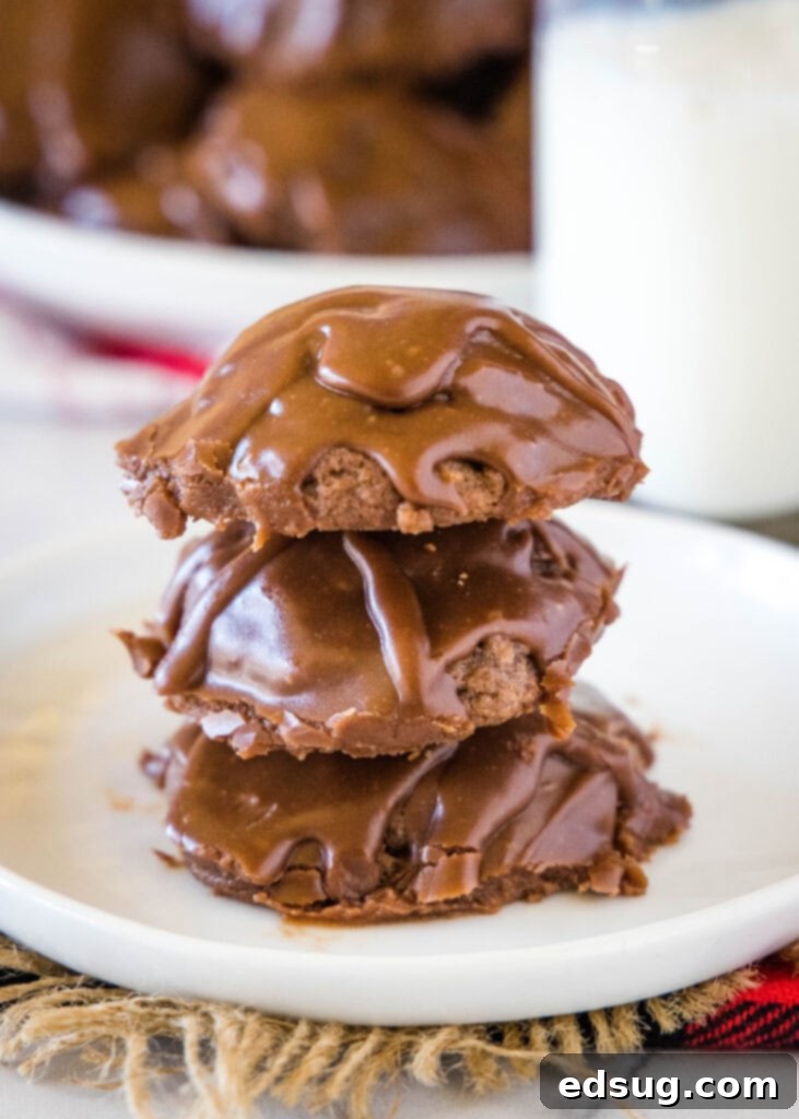 Mini Texas Sheet Cakes 5 A stack of delicious Texas Sheet Cake Cookies, showing off their thick, fudgy texture and perfectly set chocolate icing on a white plate.