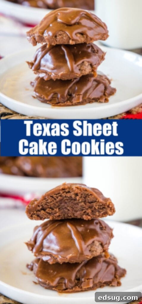 Mini Texas Sheet Cakes 6 A stack of indulgent chocolate cookies, frosted with a rich, dark chocolate icing, presented on a pristine white plate.