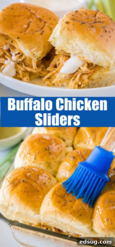 Close-up of a buffalo chicken slider on a white plate, with a side of ranch dressing, showcasing the golden bun and shredded chicken