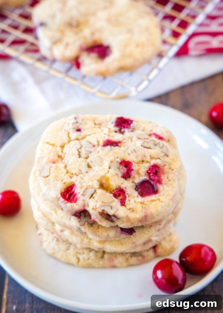 stacked cranberry icebox cookies in a white plate, showcasing their inviting texture and festive colors