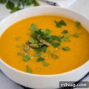 cropped close up butternut squash soup in a bowl