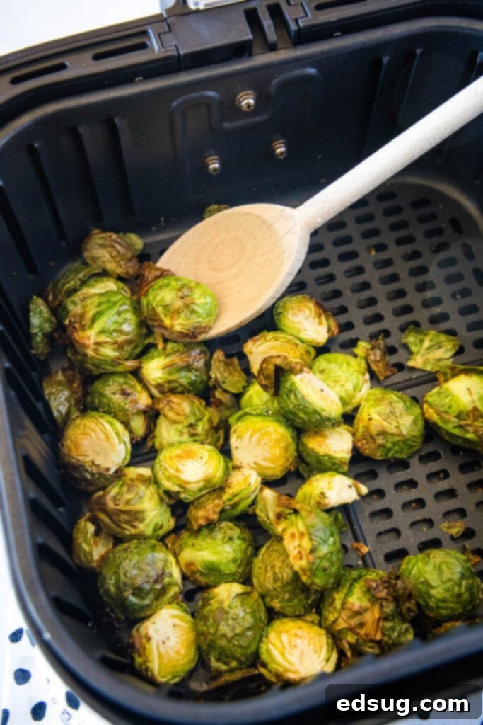 Golden Crispy Air Fryer Brussels Sprouts 5 Cooked air fryer Brussels sprouts in the air fryer basket, ready to be served