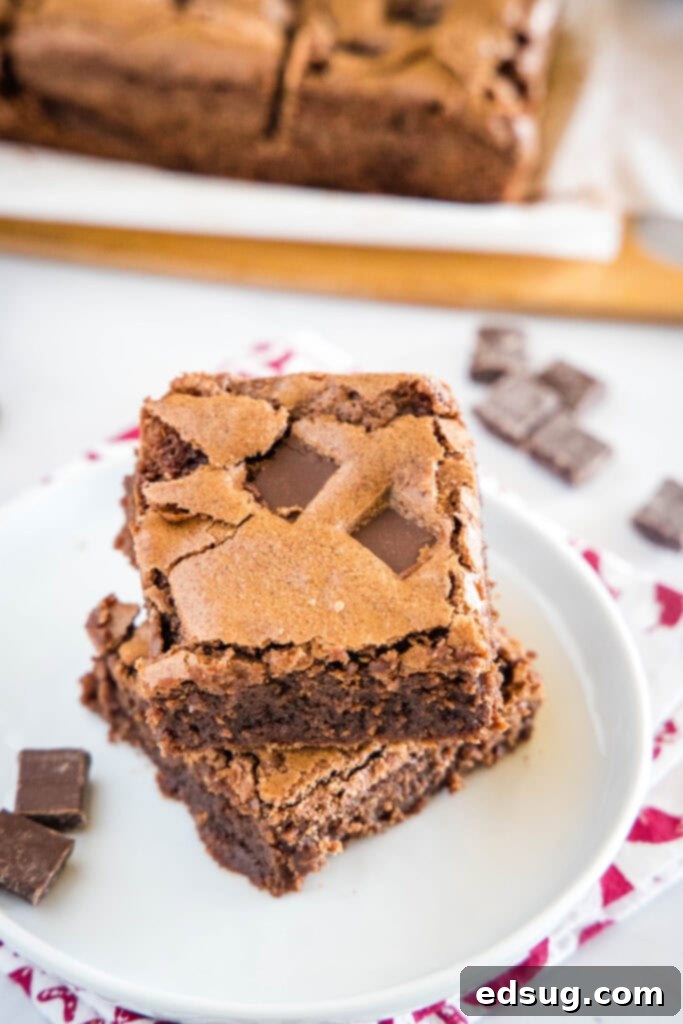 looking down on plate of stacked brownies