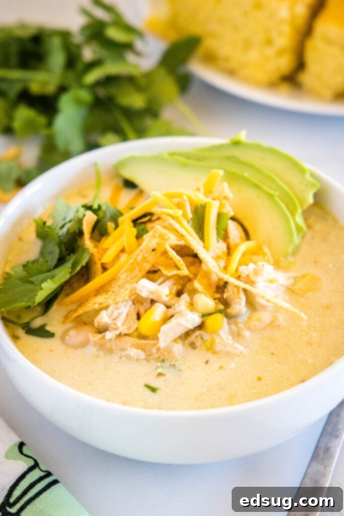 bowl of white chicken chili topped with tortilla strips, cilantro, cheese and avocado
