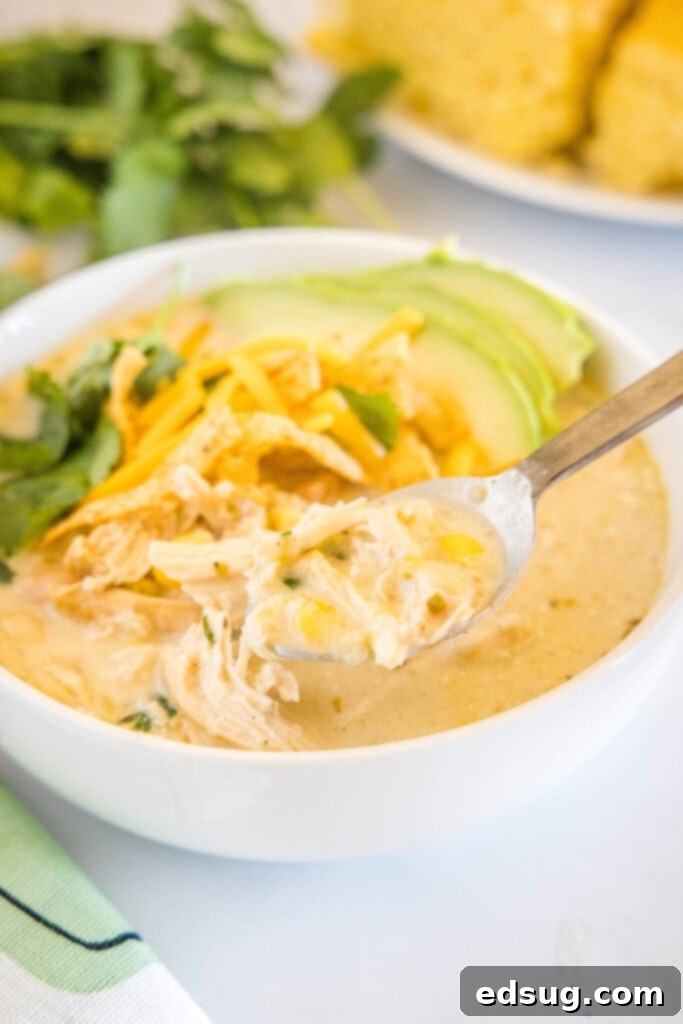 a spoonful of white chicken chili over a bowl