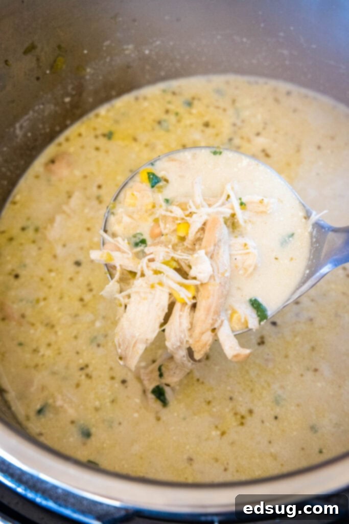 a ladle of white chicken chili over instant pot