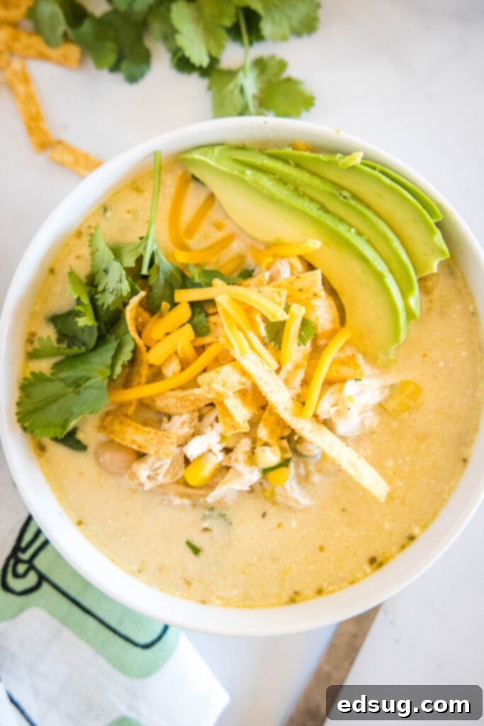 looking down on a bowl of white chicken chili