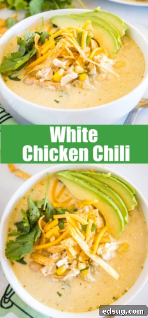 close up bowl of white chicken chili for pinterest
