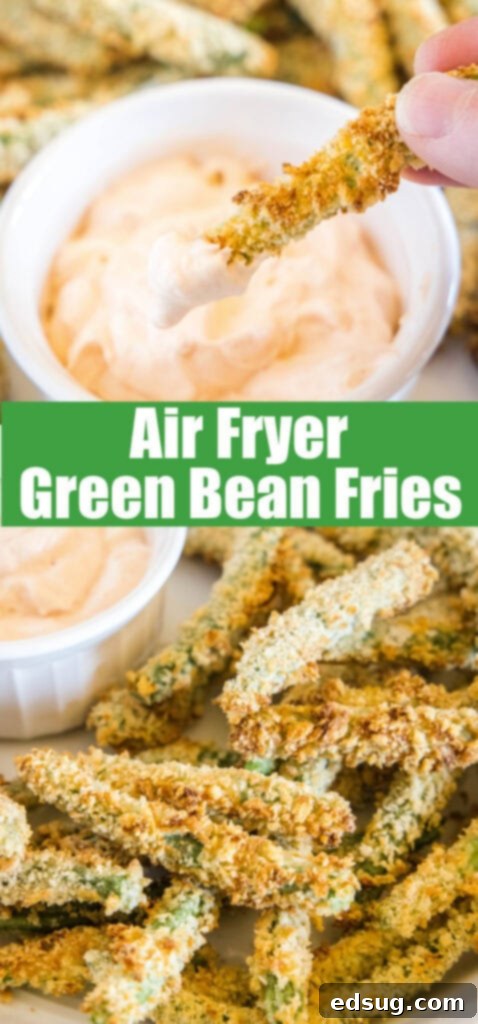 Close up shot of crispy green bean fries, styled for Pinterest