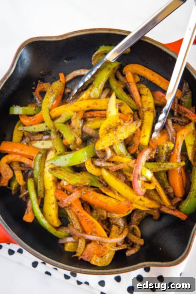 looking down on skillet with fajita veggies