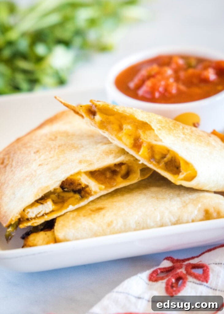 Sliced air fryer quesadillas arranged artfully on a white plate, served alongside a bowl of vibrant salsa, highlighting their crispy texture and delicious fillings, perfect for dipping.