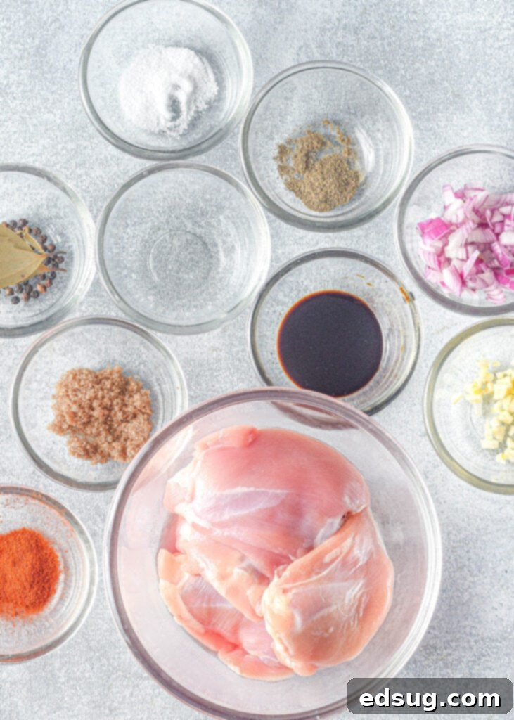 Various ingredients for Instant Pot Chicken Adobo laid out on a white counter: chicken thighs, soy sauce, vinegar, garlic, onion, brown sugar, bay leaves, and peppercorns.