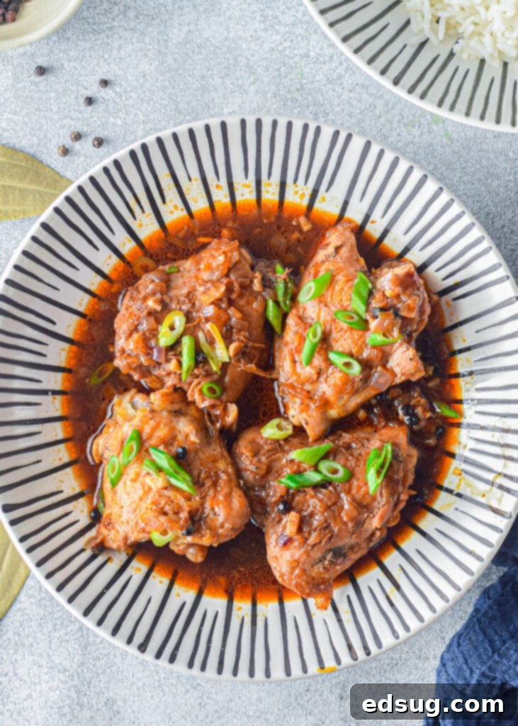 A close-up shot of tender Instant Pot Chicken Adobo served over a bed of fluffy white rice, garnished with fresh herbs.