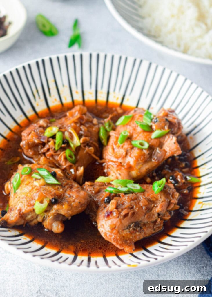 Another close-up of Filipino Instant Pot Chicken Adobo on a plate, showcasing the glazed chicken and rich sauce ready to be enjoyed.