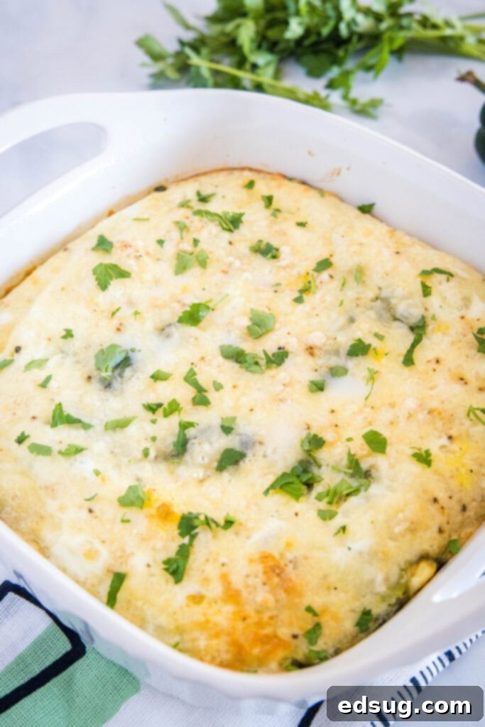 chili relleno casserole in baking dish garnished with cilantro