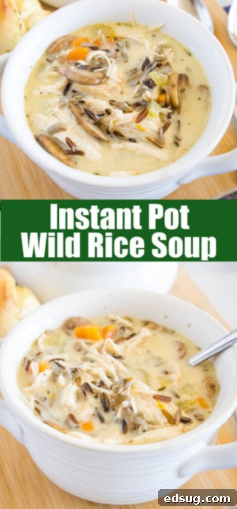 Hearty Instant Pot Chicken Wild Rice Soup 7 Close-up shot of creamy chicken wild rice soup in a bowl, showing the texture and ingredients