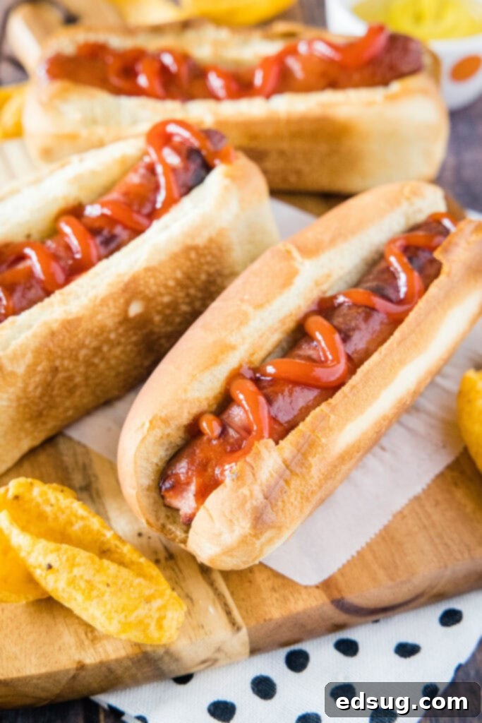 Perfect Air Fryer Hot Dogs 2 hot dog in a bun on a board with chips around it