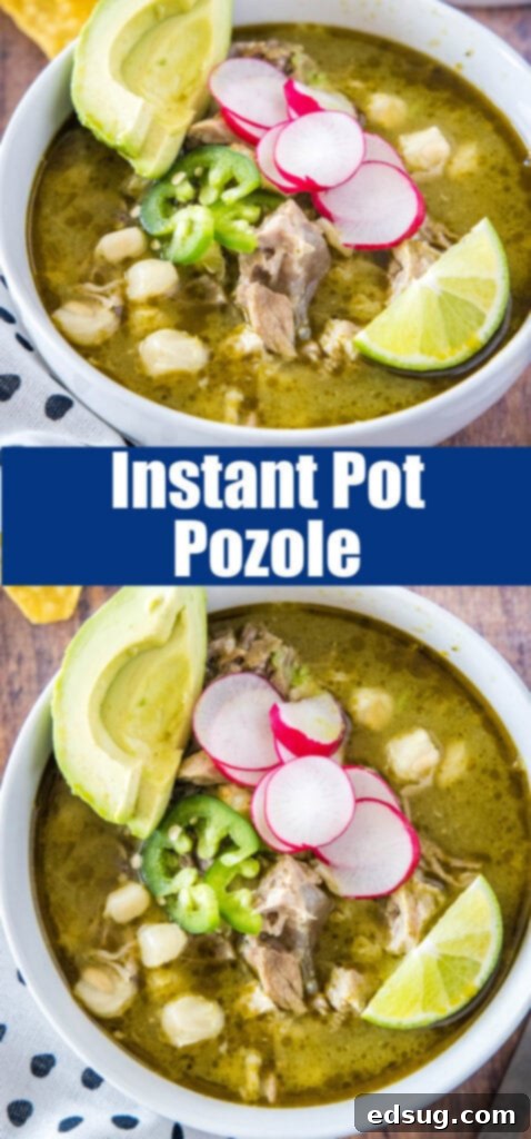 Effortless Instant Pot Pozole 8 close up bowl of pozole soup, showing the texture and ingredients