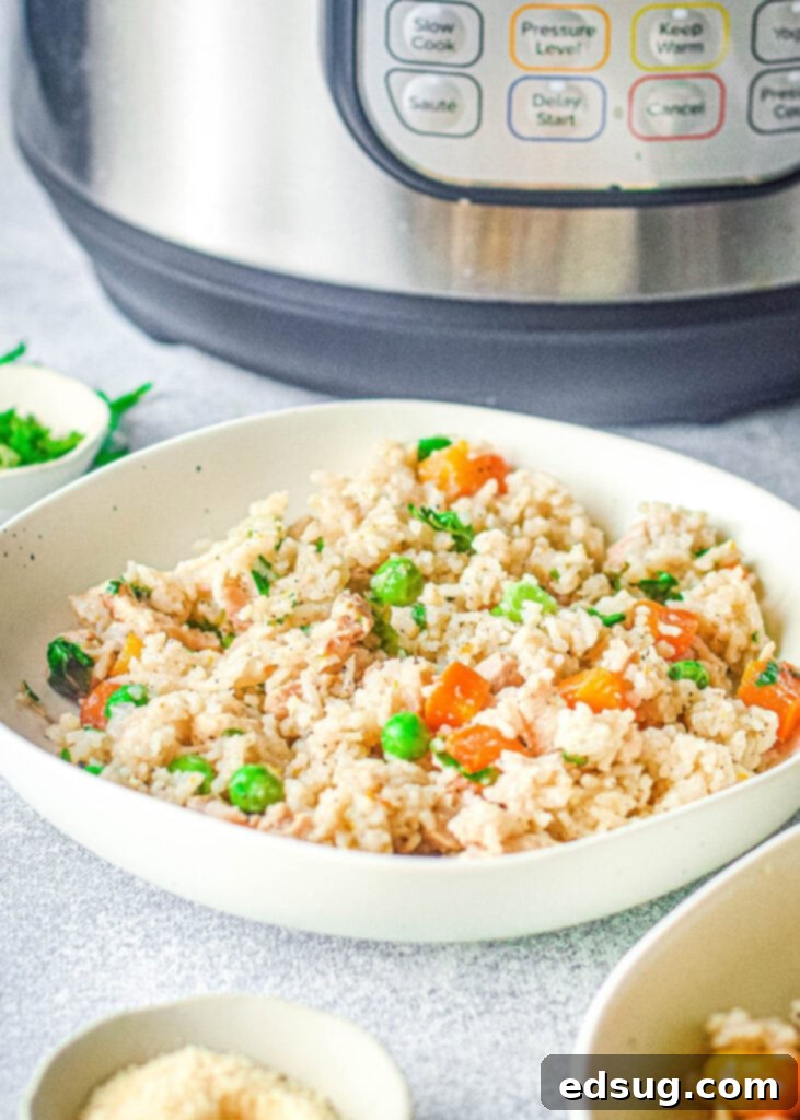 A bowl of creamy Instant Pot chicken and rice with the Instant Pot visible in the background, showing a complete meal setup.
