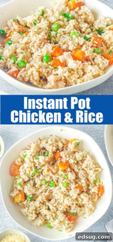 A close-up shot of creamy Instant Pot chicken and rice with peas and carrots in a white bowl, garnished and ready to be served.