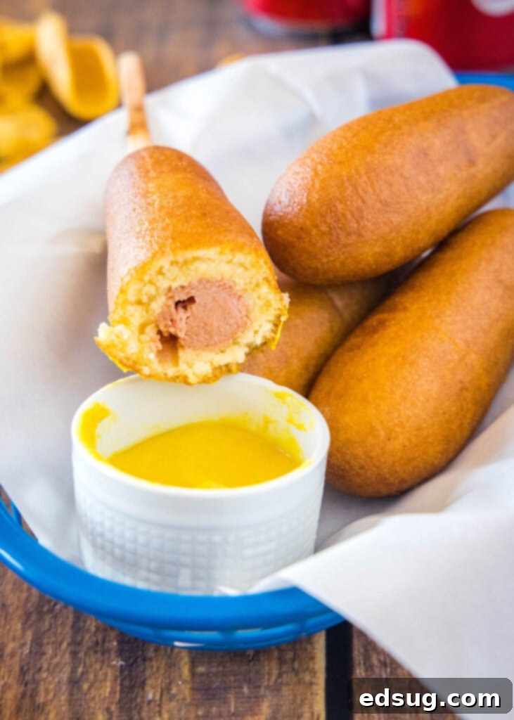 corn dog in a basket with a bite taken out of it