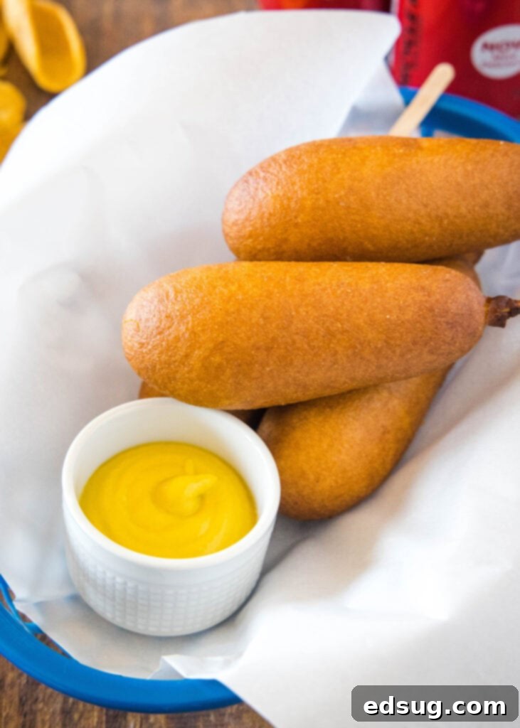 corn dogs stacked in a basket with parchment paper