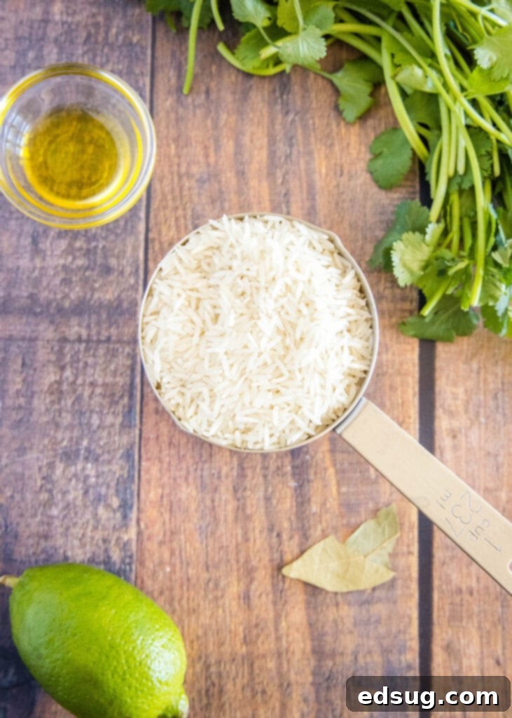 Ingredients for making cilantro lime rice displayed on a kitchen surface, including uncooked rice, fresh cilantro, limes, olive oil, salt, and a bay leaf.