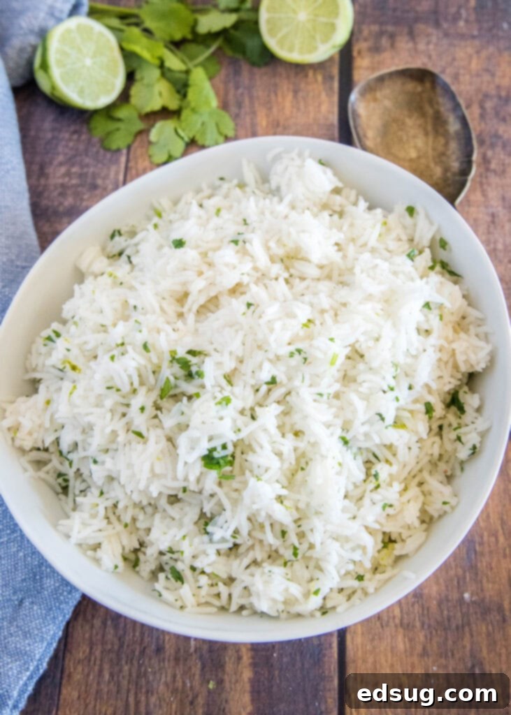 A pristine white bowl filled with perfectly fluffy cilantro lime rice, garnished for presentation.