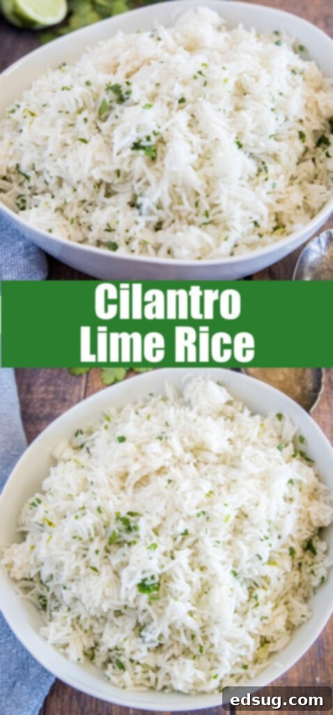 A close-up view of perfectly cooked cilantro lime rice, showing its fluffy texture and vibrant green flecks of cilantro, ideal for a food blog or Pinterest.