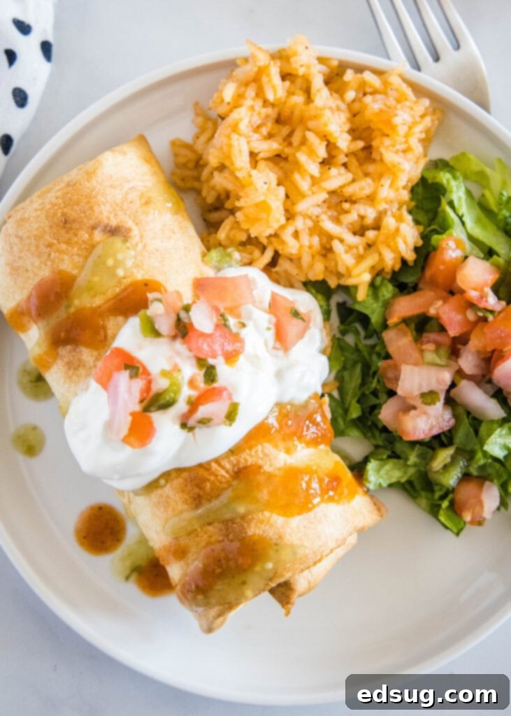 looking down on a plate with chimichanga, lettuce and rice