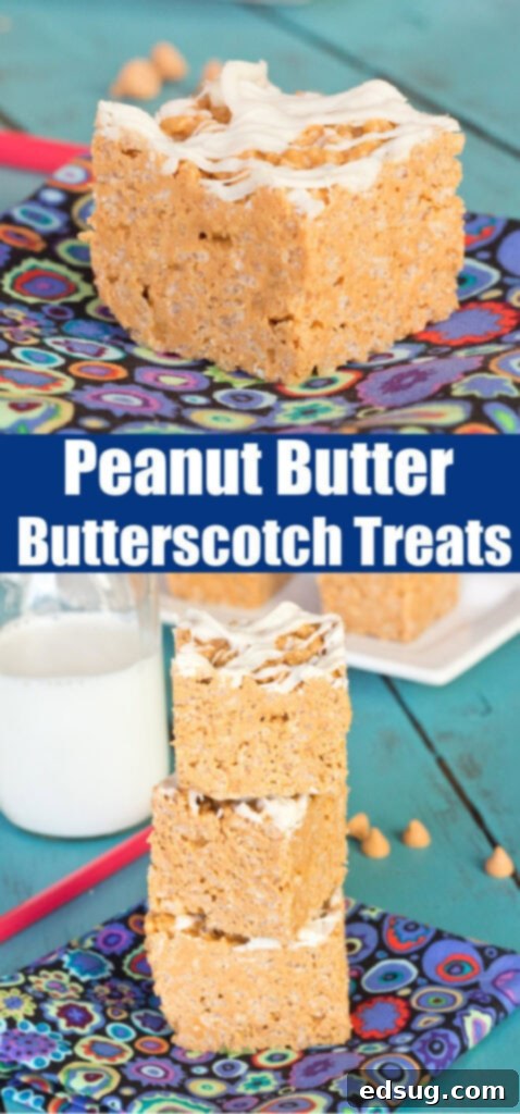 Stacked Peanut Butter Butterscotch Krispie Treats, showing their dense texture and white chocolate drizzle.